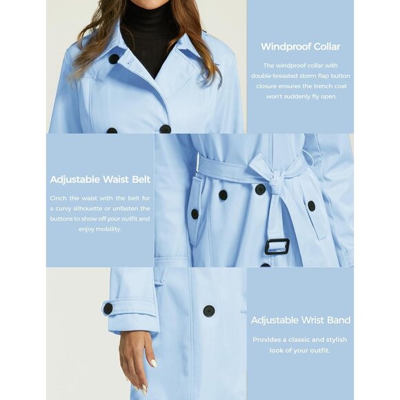 Women's Light Blue Waterproof Trench Coat with Classic Lapel and Belted Design - Picture 5 of 6